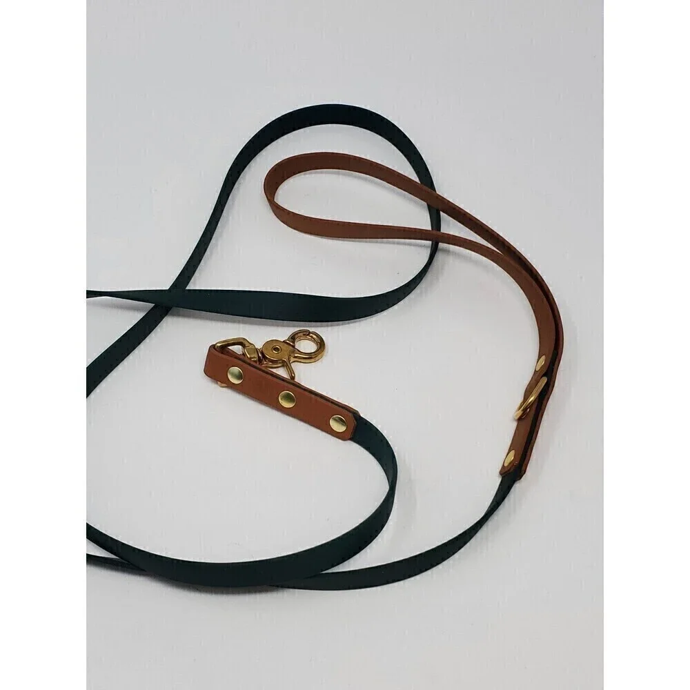 OLIVER & ASH DESIGNS CUSTOM DOG LEASH DARK GREEN & COGNAC BROWN BRASS HARDWARE